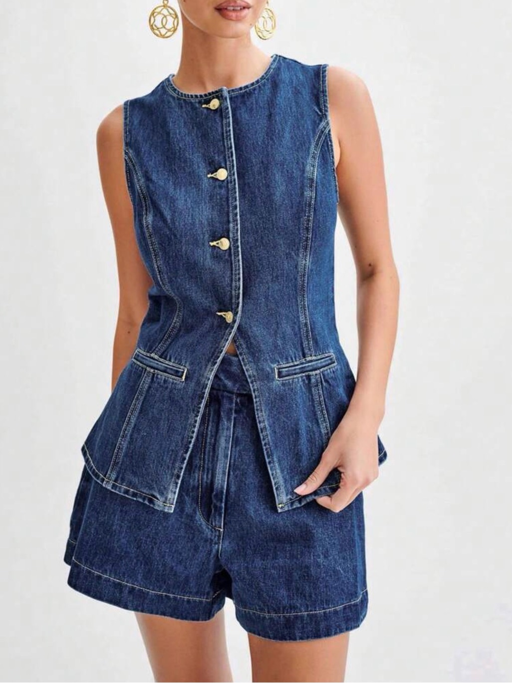 Sleeveless Dark Blue Denim Vest - Women's Jeans
